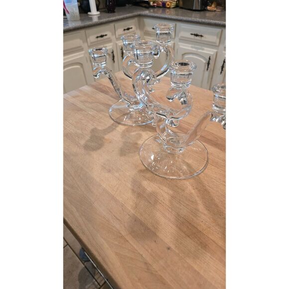 Fostoria Century Three Taper Candle Holders Set of 2 Clear Glass w Base 8" VTG - Picture 3 of 6